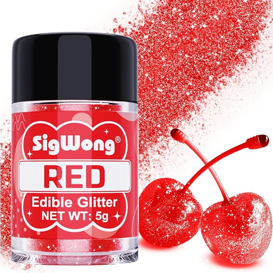 Red Edible Glitter - 5g Food Grade Cake Decorating Shimmering Glitter, Edible Sprinkle Luster Dust for Drinks, Chocolates, Fondant, Strawberries, Cupcakes, Candy, Easter Cookie - Vegan