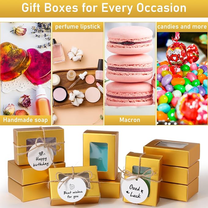 Zhanmai 100 Set Gold Small Soap Boxes for Homemade Soap, 3.35 x 2.36 x 1.2 Inch Paper Packaging Boxes with Window, with 100 Tag and Twine, Gift Wrapping Supplies for Bakery Candy Cookies Party Favors