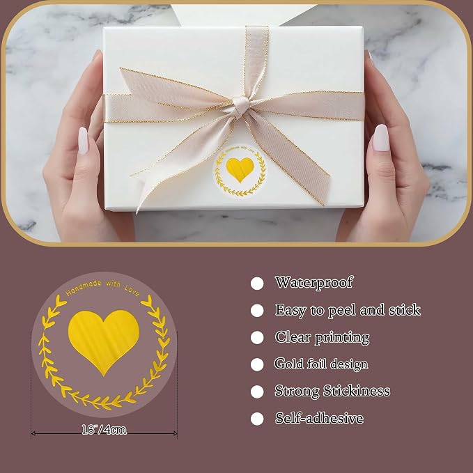 100 Pcs Handmade with Love Stickers, Transparent Foil sticker, 1.6 Inch Round Self-Adhesive Seals for Gift Packaging, Small Business, Envelope & Thank You Cards (Gold)