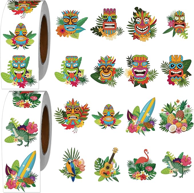 Hawaiian Luau Stickers Roll - 1000 Pcs Tropical Hawaii Stickers, Summer Waterproof Sticker for Scrapbook Journal Envelope Card Water Bottle, Party Favor Decorations