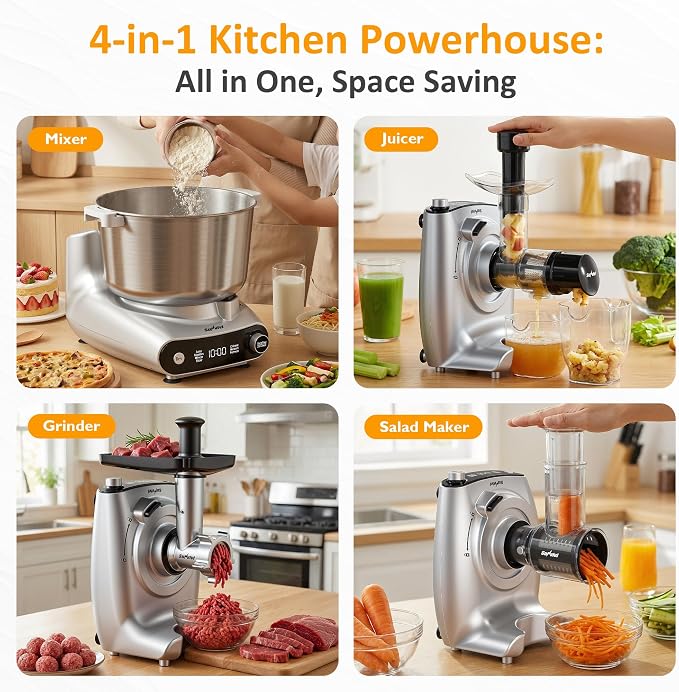 Sunvivi 4-in-1 Multifunctional Stand Mixer, Electric Dough Mixer with 5.3 Quart Stainless Steel Bowl, Electric Stand Mixer for Baking & Home Cooking, with Meat Grinder, Juice Blender & Salad Maker