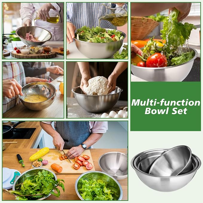 Honeydak 8 Pack Stainless Steel Mixing Bowls Set Nesting Bowls with Scale Includes 1.3, 1.7, 2.6, and 3.2 Qt Meal Prep Bowl Stainless Steel Salad Bowl Dishwasher Safe for Baking Cooking Prepping