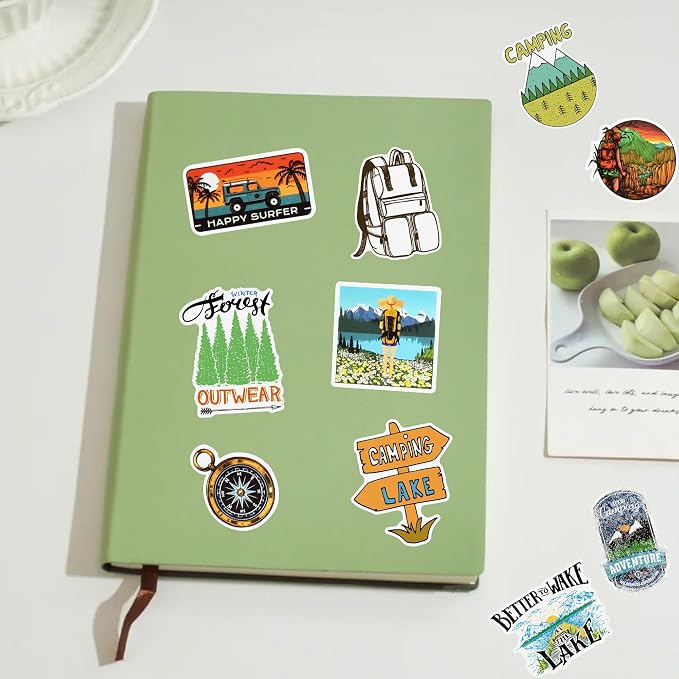 100 Pcs Camping Stickers for Scrapbooking, Waterproof Vinyl Outdoor Adventure Hiking Tent Nature Stickers for Laptops Water Bottles Journals, Decorative Decals for Teens Students Adults