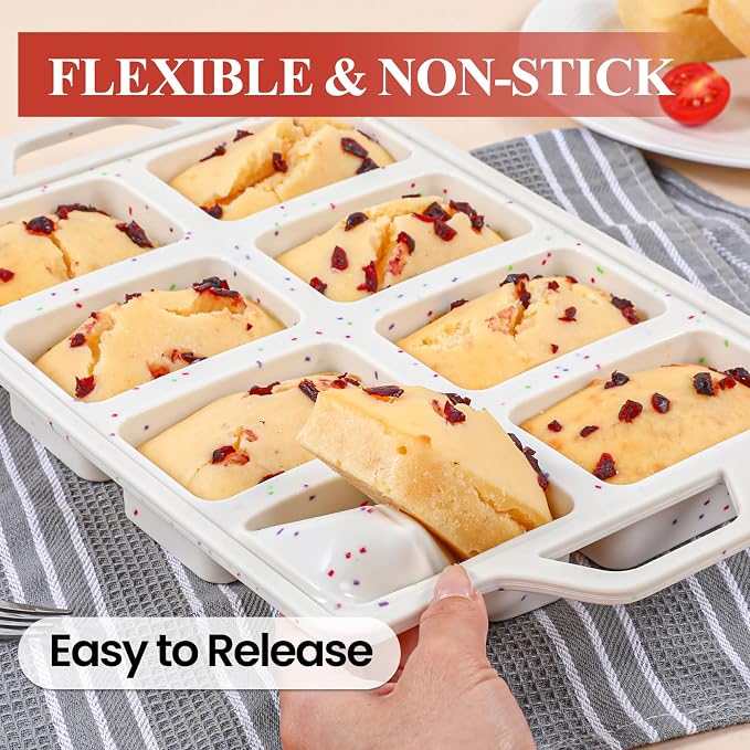 FUNBAKY Metal Reinforced Silicone Mini Loaf Pan, 8-Cavity Nonstick Mini Bread Pans for Baking Bread, Cakes, Brownies, Meatloaf, Jellies Oven Dishwasher Safe