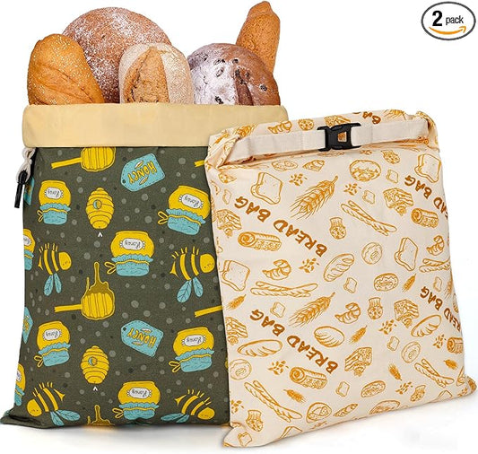 2 Pack Natural Beeswax Bread Bags for Sourdough Homemade Bread, Reusable Natural Organic Linen, Food Storage Cloth Bag, Large Capacity Portable, Freezer-Friendly, Freshness Preservation