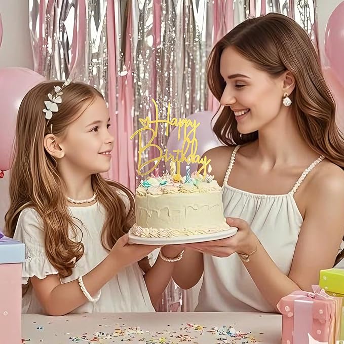 5-Pack Gold Happy Birthday Cake Toppers, Acrylic, Reusable | 5 Unique Designs, No Duplicates, 4.5-6.1", Fits 6-10" Cakes