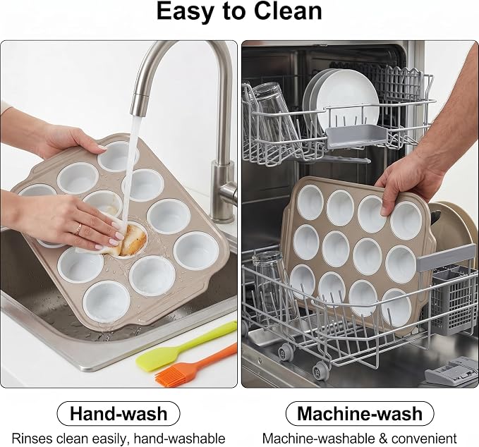 Silicone Muffin Baking Pan, 12 Cups, Grey | No Paper Liners Needed,Reinforced Metal Frame,Non-Stick Easy Release,Oven & Dishwasher Safe, BPA Free