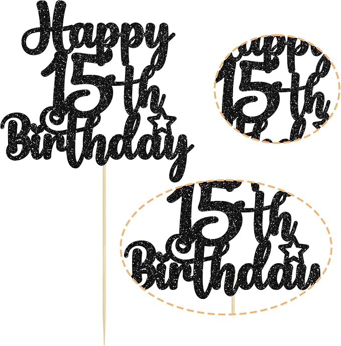 Gyufise 1Pc Happy 15th Birthday Cake Topper Glitter 15 & Fabulous Cheers to 15 Years Old Cake Pick for Celebrating 15th Birthday Anniversary Party Cake Decorations Supplies Black