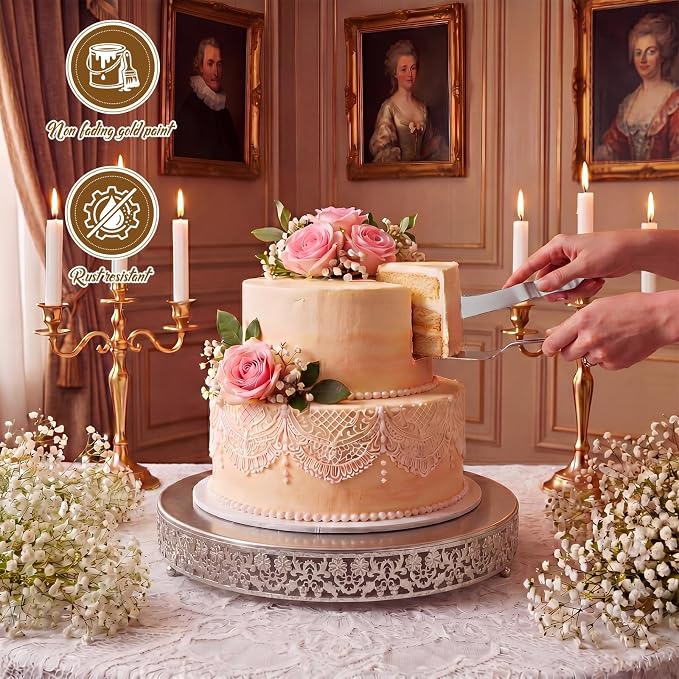 Wenqik 20 Inch Silver Cake Stand Set Metal Round Cupcake Dessert Stand with Cake Cutting, Flower Spatula Wedding Cupcake Pastry Display Candy Holder Display for Wedding Party Birthday Baby Shower