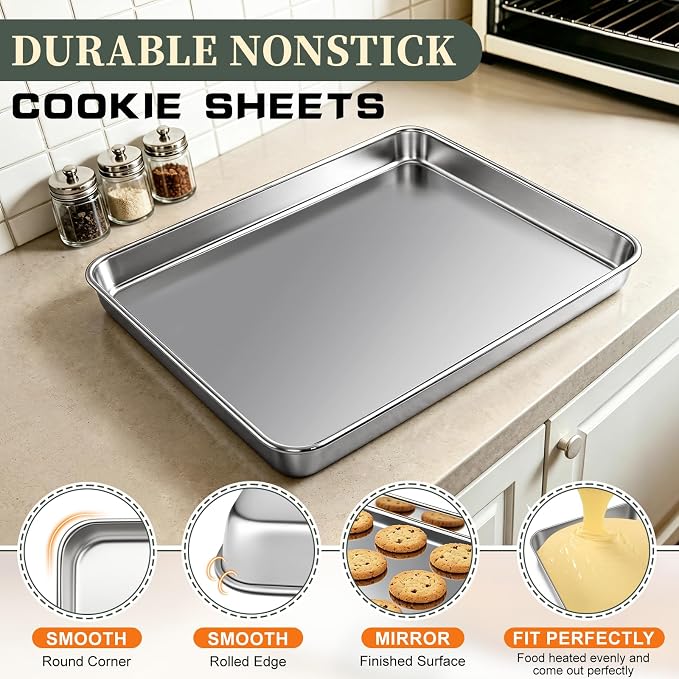 Baking Sheet with Rack Set (3 Pans + 3 Racks), 9/12/16 Inch Stainless Steel Cookie Sheet Baking Pan Tray with Cooling Rack, Jelly Roll Pan with Wire Rack, Warp Resistant & Heavy Duty & Rust Proof