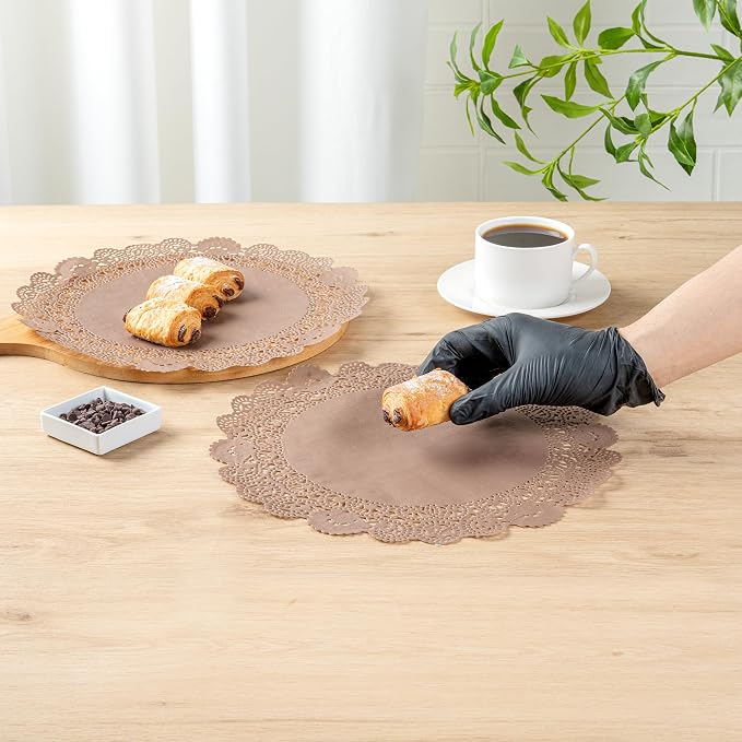 Restaurantware-Pastry Tek 12 x 12 Inch Paper Lace Doilies, 4000 Disposable Table Doilies - Elegant Lace Finish, Long Lasting, Brown Paper Placemat, for Pastries, Cupcakes, Desserts