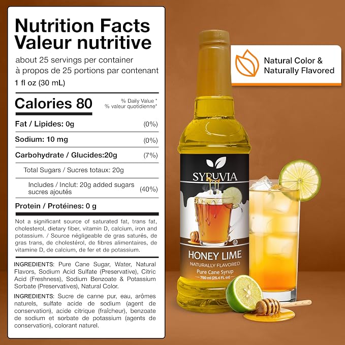 Syruvia Honey Lime Syrup, Naturally Flavored Syrup for Teas, Drinks, Lemonades, Iced Teas, and Desserts – 25.4 fl oz - with Pump
