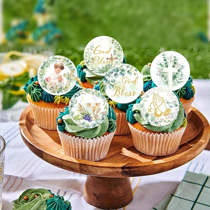 64 PCS Edible God Bless Cupcake Toppers Greenery Leaves Baptism Dove Cross Cupcake Picks Edible First Holy Communion Cake Decorations for God Bless Theme Baby Shower Boys Birthday Party Supplies