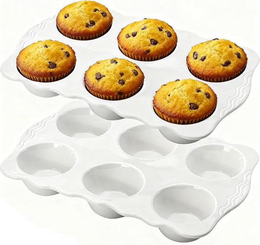 Hiceeden 2 Pack Ceramic Muffin Pans, 6 Cups Non-stick Muffin Tin Cupcake Baking Pans with Handles for Muffin Cakes, Egg Tarts, Mousse, Pot Pie, Jelly