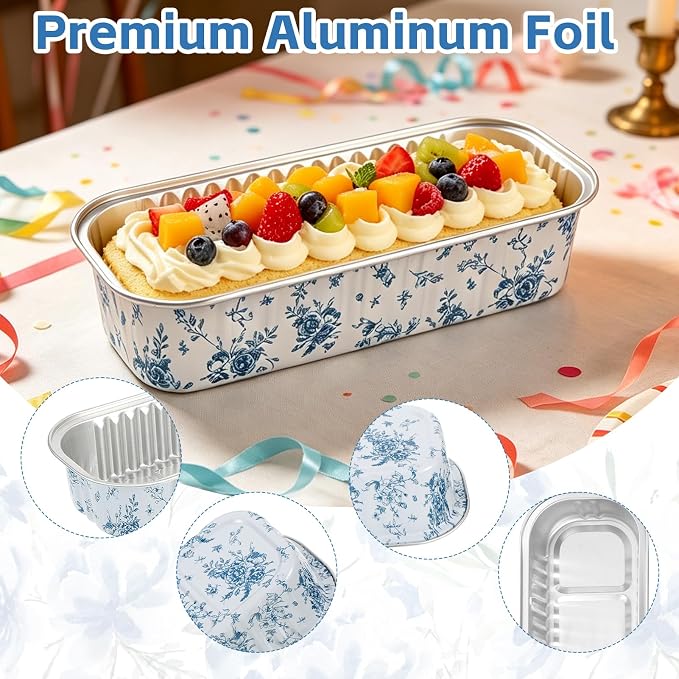 100Pcs Mini Loaf Pan with Lids Rectangle Aluminum Foil Baking Cups | Sturdy Box Body Structure, Innovative design, Blue Floral Pattern, Portable Lid, Excellent for Viewing, Clean Material