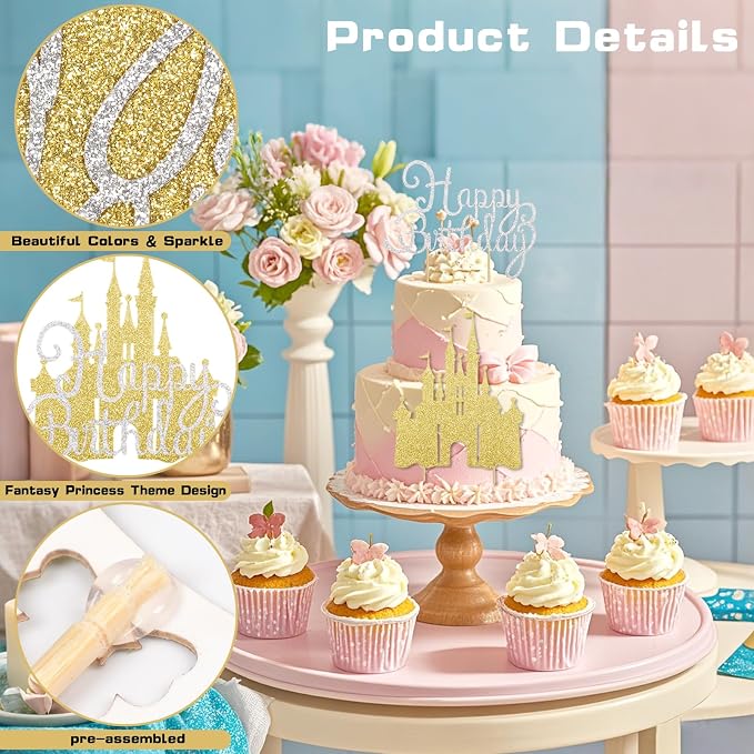2Pcs Gold Princess Cake Toppers Silver Happy Birthday Cake Toppers Glitter Party Picks for Girls Princess Birthday Party New Year Supplies