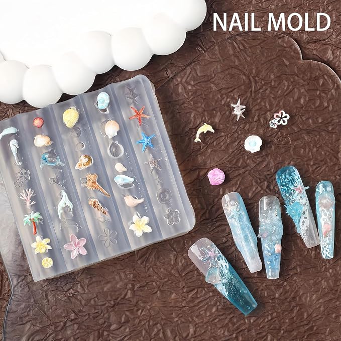 Ocean Nail Art Silicone Mold, 3D Seashell Starfish Conch Nail Charms Mold, Marine Theme Silicone Mold for Acrylic Gel Resin Nail Decoration, Reusable DIY Nail Accessories