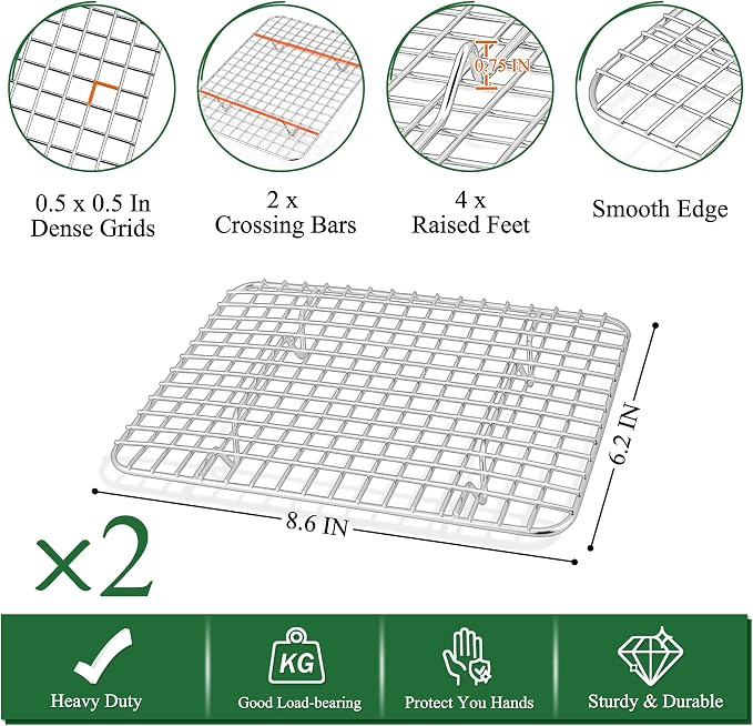 P&P CHEF 9 Inch Toaster Oven Pan with Rack Set, Stainless Steel Baking Pan Tray and Grid Cooling Rack for Cooking/Roasting, Dishwasher Safe & Easy to Clean, Non-toxic & Sturdy, (4Pcs)