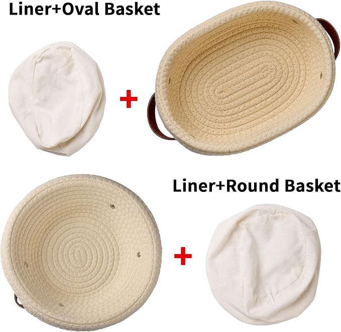 2 Pack Banneton Bread Baskets, Handmade Cotton Rope Weaving Sourdough Bread Baking Supplies, 10 inch Round & 10 inch Oval Bread Basket, Family Baking Tools with Liner