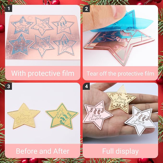 Wootkey 36 PCS Christmas Cupcake Toppers Acrylic Mirror Star Little Star Cake Decorations for New Year Christmas Party Supplies