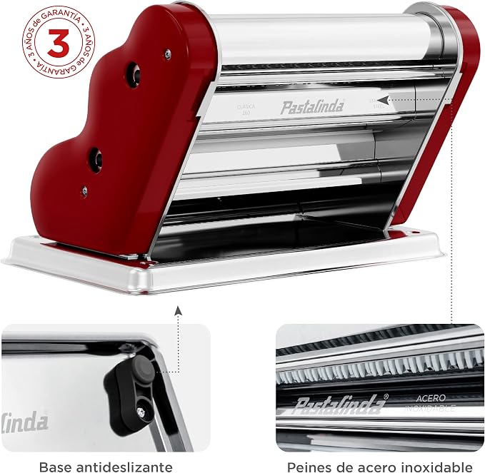 PASTALINDA Classic 260 Pasta Maker Machine, 26 cm Wide Rollers, 9 Thickness Positions, 2 Cutting Positions, Stainless Steel. Includes Reinforced Hand Crank And Two Clamps (Bordeaux)