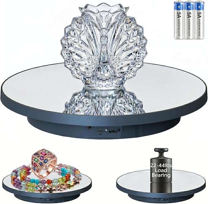 JAYEGT Motorized Rotating Display Stand, 16inch /44Lbs Load,Real Mirror Cover ，360 Degree Electric Rotating Turntable,Cup Display Turner Stand,Photography Products, Jewelry,Tumbler -Black