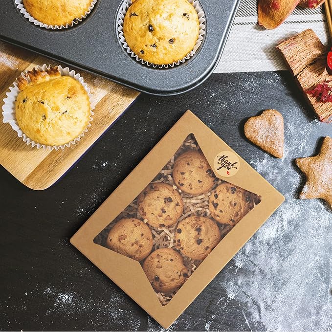 Eupako Cookie-Boxes-with-Window-8x6x2.5-Inhces-25pcs-Auto-Popup-Brown-Treat-Boxes for Bakery, Donuts, Candy, Pastry, Cupcakes, Biscuits, Chocolate Strawberries