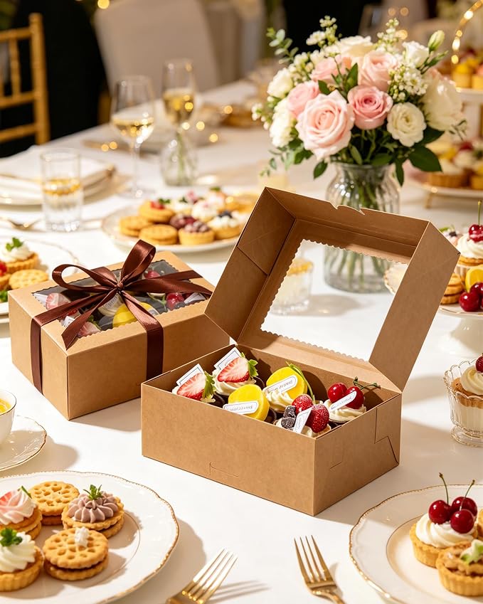 COTOPHER 50Pcs Cookie Boxes with Ribbons, 9x6x3 Inch Bakery Boxes with Window, Brown Treat Containers for Pastries, Chocolate Covered Strawberries, Dessert, Easter Candy, Muffins, Donuts