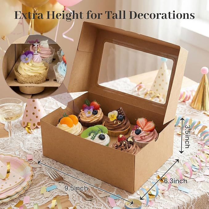 HANSGO 6 PCS Cupcake Boxes, 9.5x6.3x3.5 Inch Cupcake Containers Brown Pastry Boxes with Inserts 6 Holders for Muffins Pastry Strawberry, Party Supplies
