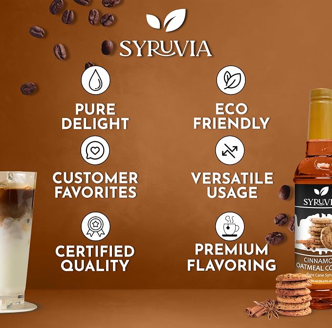 Syruvia Coffee Syrup, Cinnamon Oatmeal Cookie Flavored Syrup for Drinks, Lattes, and Desserts – 25.4 fl oz - with Pump