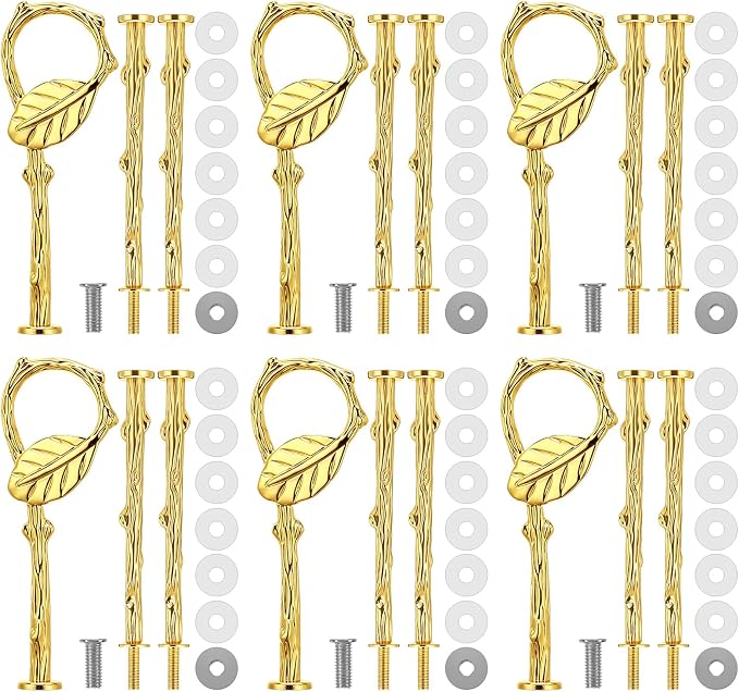 Patelai 6 Sets 3 Tier Cake Stand Hardware Tiered Tray Plate Hardware Kit Heavy Metal Cake Fruit Food Plate Stand Fitting Stacking Kit for Serving Dessert Cupcake Dish (Leaf,Gold)