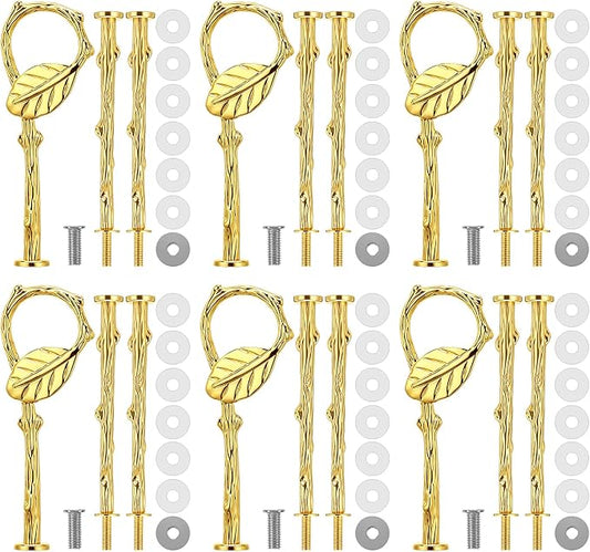 Patelai 6 Sets 3 Tier Cake Stand Hardware Tiered Tray Plate Hardware Kit Heavy Metal Cake Fruit Food Plate Stand Fitting Stacking Kit for Serving Dessert Cupcake Dish (Leaf,Gold)