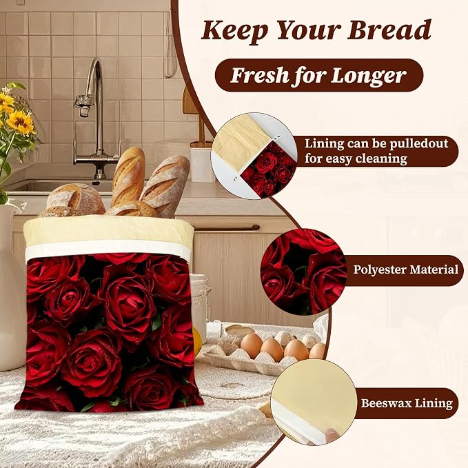 Beeswax Bread Bags, 2 Pack for Homemade Bread and Sourdough Storage | Red Rose Flower, Reusable Polyester Bread Storage With Beeswax Coating And Snap Closures