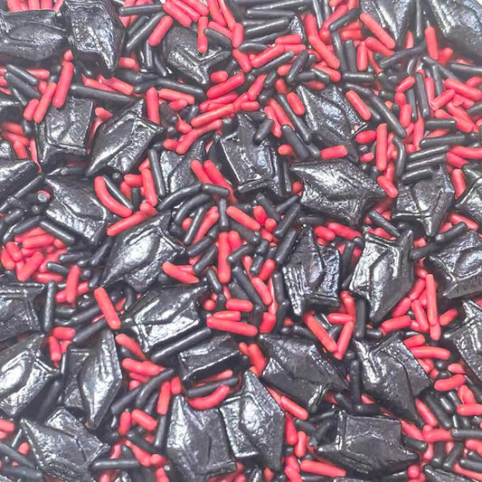 Senchanting Edible Graduation Day Sprinkles, Edible Black Red Jimmies Sprinkles, Black Graduation Caps Mixed with Soft Jimmies for Ice Cream Cupcakes Cookies Topping Cake Decorating Baking 100g/3.53oz