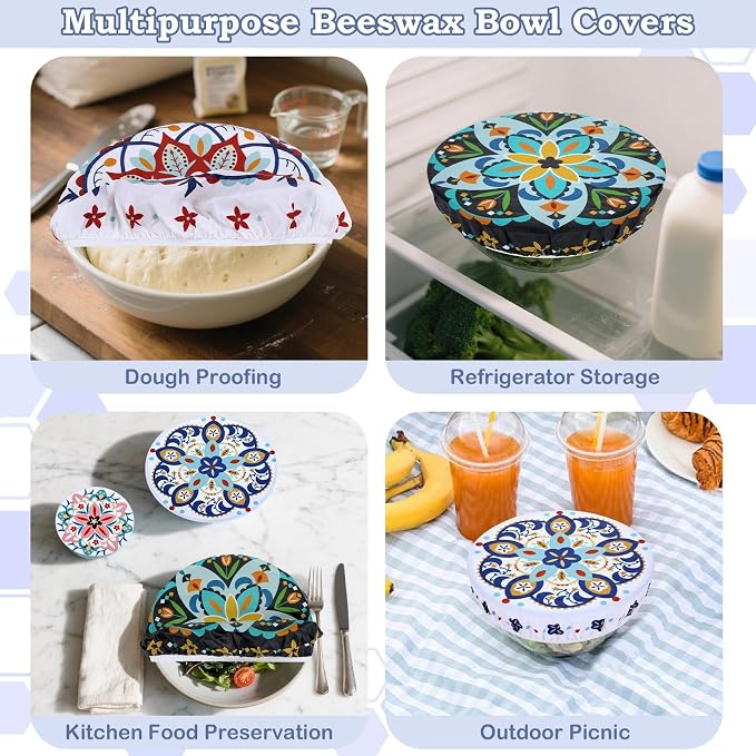 5-Size Reusable Beeswax Bowl Covers for Bread Proofing, Cotton Cloth Flexible Beeswax Wraps for Food Storage(Pentagonal Floral)