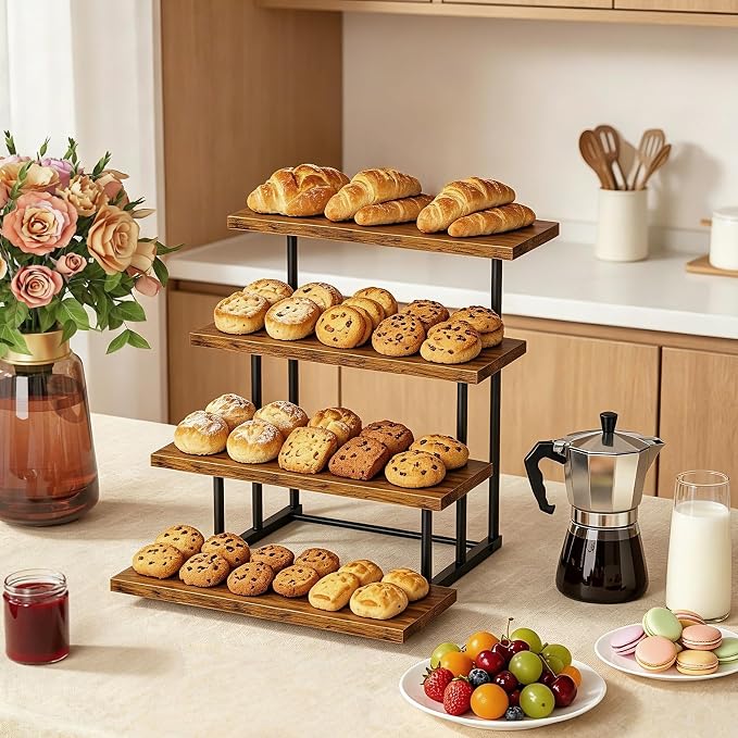 Emfogo Wooden Cupcake Display Stand, 4 Tier Rectangular Tiered Dessert Stands, Cupcake Display Risers for Vendor Booth Dessert Table Party Wood Serving Tray for Cup Cake Cookie Food (1 Pack)