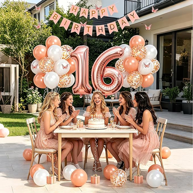 16th Birthday Decorations For Girls- Rose Gold Pearl White Balloons, 32 Inch Rose Gold "16" Balloon, 3D Butterflies Stickers, Happy Birthday Banner For Girl Sweet Sixteen Party Decorations