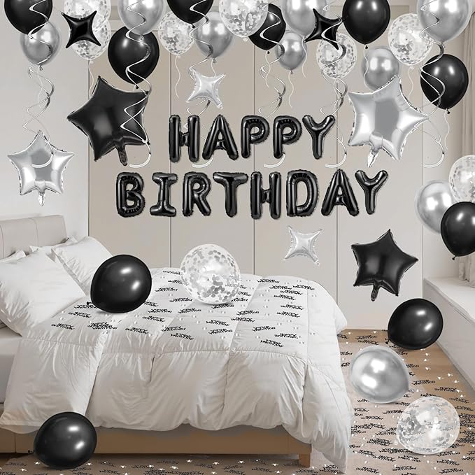 Black Happy Birthday Balloons Decorations Black and Silver Birthday Balloon Letters Banner with 8Pcs Star Balloons Hanging Swirls 10g Table Confetti for Home Room Bday Party Decorations Supplies