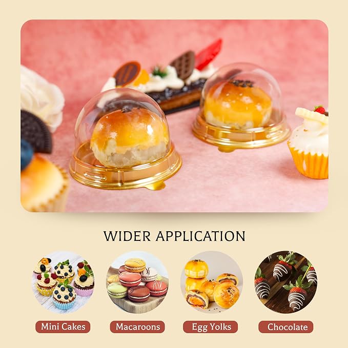 NPLUX Mini Individual Cupcake Container Mini Cupcake Holder Desk Pet Containers for Chocolate Covered Cookies, Strawberry, Mooncake(100 Pack, Gold)