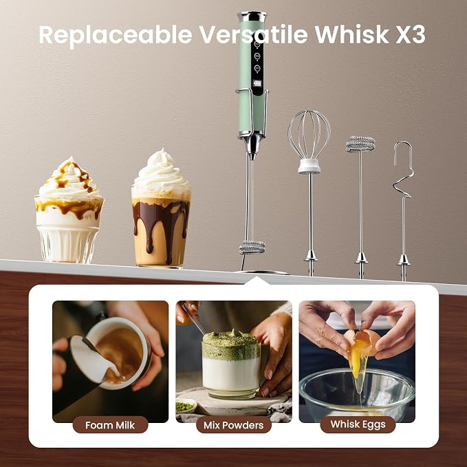 YUSWKO Milk Frother Wand for Coffee with Stand, Coffee Frother Handheld | Rechargeable Drink Mixer Wand, Waterproof Electric Whisk for Protein Powder, Lattes, 3 Variable Speeds 3 Whisks, Granite