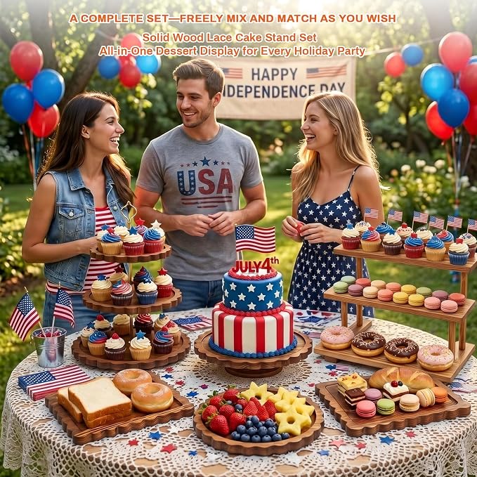 Set of 6 Wooden Dessert Table Display Set, Tiered Cupcake Stand & Serving Trays, 3-Tier Cupcake Tower, Round/Flat Platter, Cake Stand, Rotating Tray for Wedding, Party, Birthday