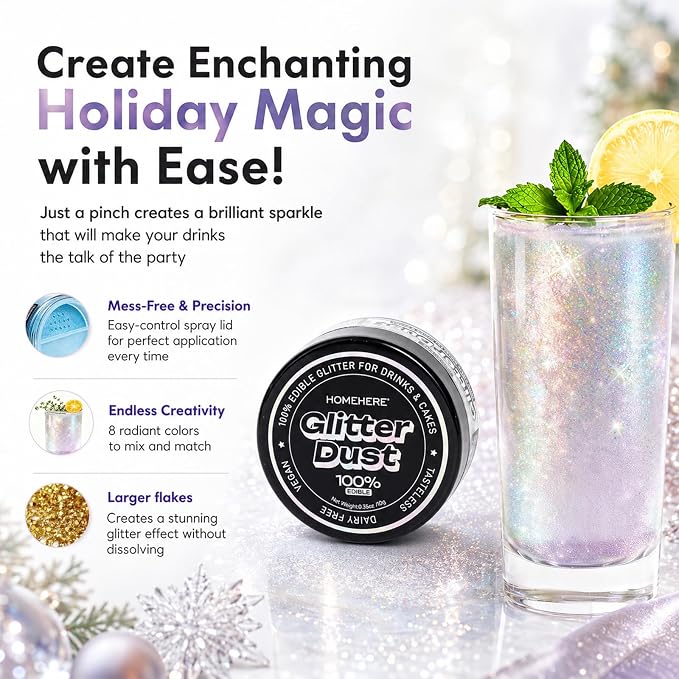 HomeHere Edible Glitter for Drinks & Cakes, 10g Food Grade Disco Diamond Glimmer Dust, Sparkle Powder for Cocktails, Chocolate, Baking Decorations, Vegan& Tasteless (Iridescent)