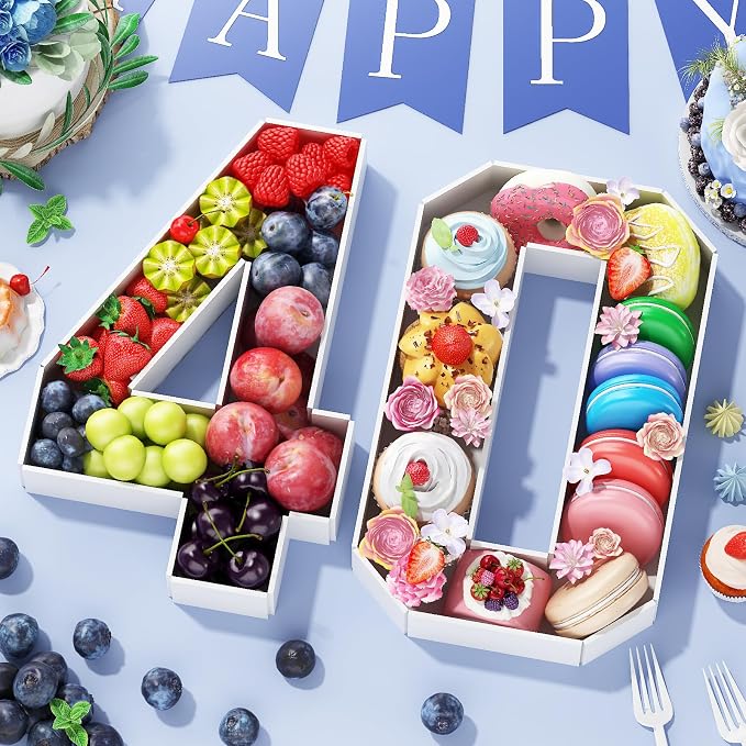 HILAVO Cardboard Number for Charcuterie, 13.7" Cardboard Number 40 Set Fillable Number for Food Paper Mache Number Boxes for Cupcake Sweet Candy 40th Birthday Anniversary Party Decorations