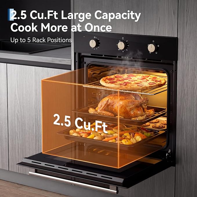 Garvee 24 Inch Single Wall Oven, 2.5 Cu.ft. Built-in Electric Oven with 4 Cooking Functions, 3000W Power, Knob Control, Low-e Glass Door & Cooling Fan, Easy Clean Enamel Interior, Black