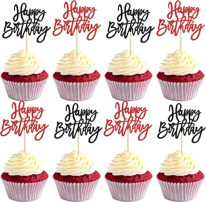 24 PCS Happy Birthday Cupcake Toppers Glitter Happy Birthday Cupcake Picks for Celebrating Anniversary Theme Party Cake Decorations Supplies Black Red