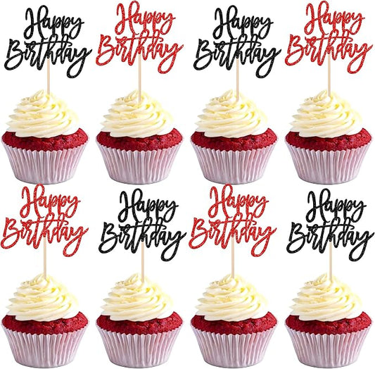 24 PCS Happy Birthday Cupcake Toppers Glitter Happy Birthday Cupcake Picks for Celebrating Anniversary Theme Party Cake Decorations Supplies Black Red