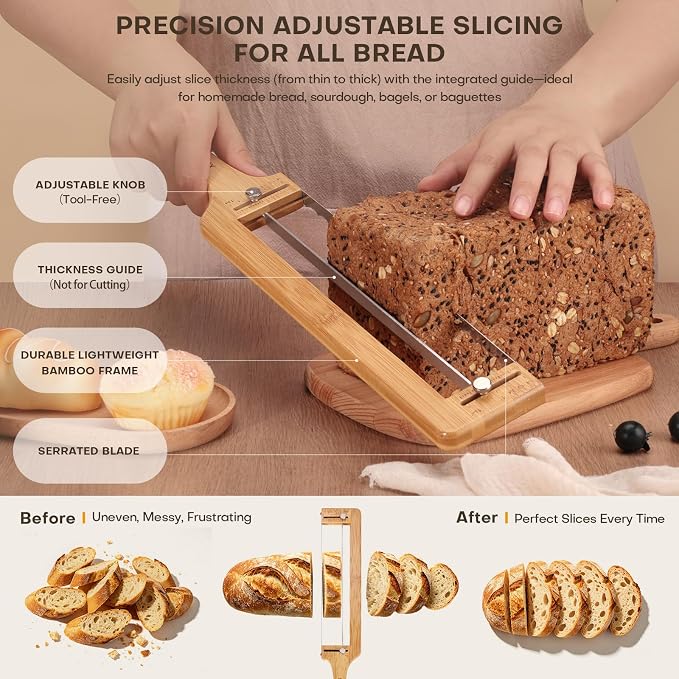 Adjustable Bread Knife for Homemade Bread Sourdough, Bamboo Handle | 304 Stainless Steel, Precision Slicing Guide, Bow Bread Knife with Extra Blade, Manual Bread Cutter, Gift for Bakers