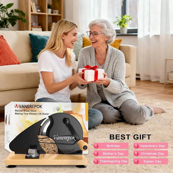 vanerepok Manual Bread Slicer Adjustable Thickness for Homemade Sourdough | Hand Crank Bread Cutter with Scale & Stable Suction Cups & Wood Base for Even Slicing Perfect Baking Gift for Home Bakers