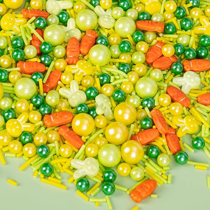 Edible Yellow Green Sprinkles for Cake Decorating,130g,Rabbit Sprinkle,Orange Carrot Pearls and Jimmies,Bunny Candy Baking Decorations,Cupcake Toppers,Cookie Donuts Ice Cream Dessert,Birthday Children's Anime Farm Garden Summer Party Supplies