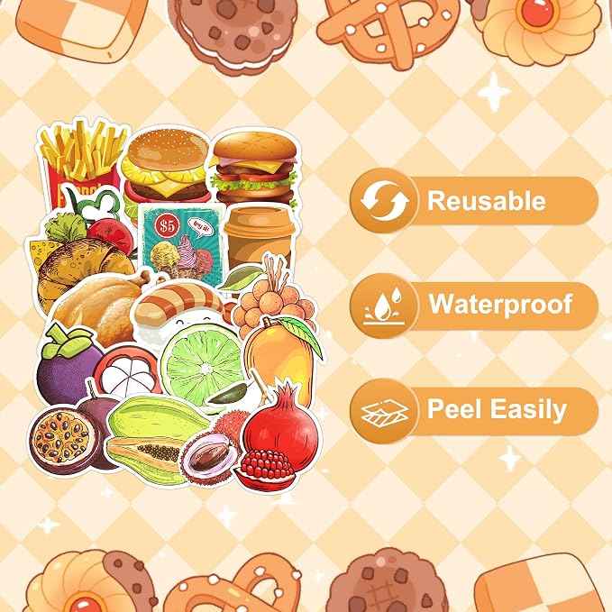 100 Pcs Food Fruit Stickers for Kids Teens Water Bottles Laptops Scrapbook Decoration Party Favors Classroom Rewards Cute Vegetable Snack Waterproof Vinyl Decals